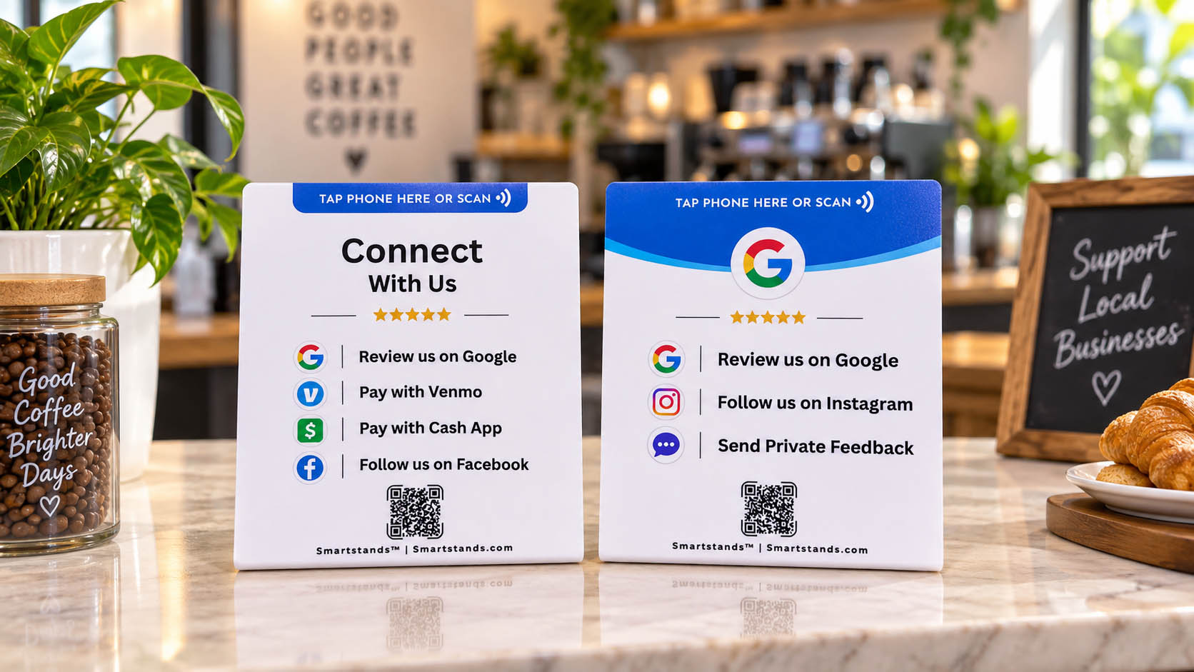 Custom SmartStands showing Google reviews and the links you choose