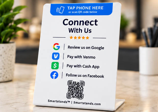 A single SmartStand on the counter combining Google reviews, Venmo, Cash App and Facebook